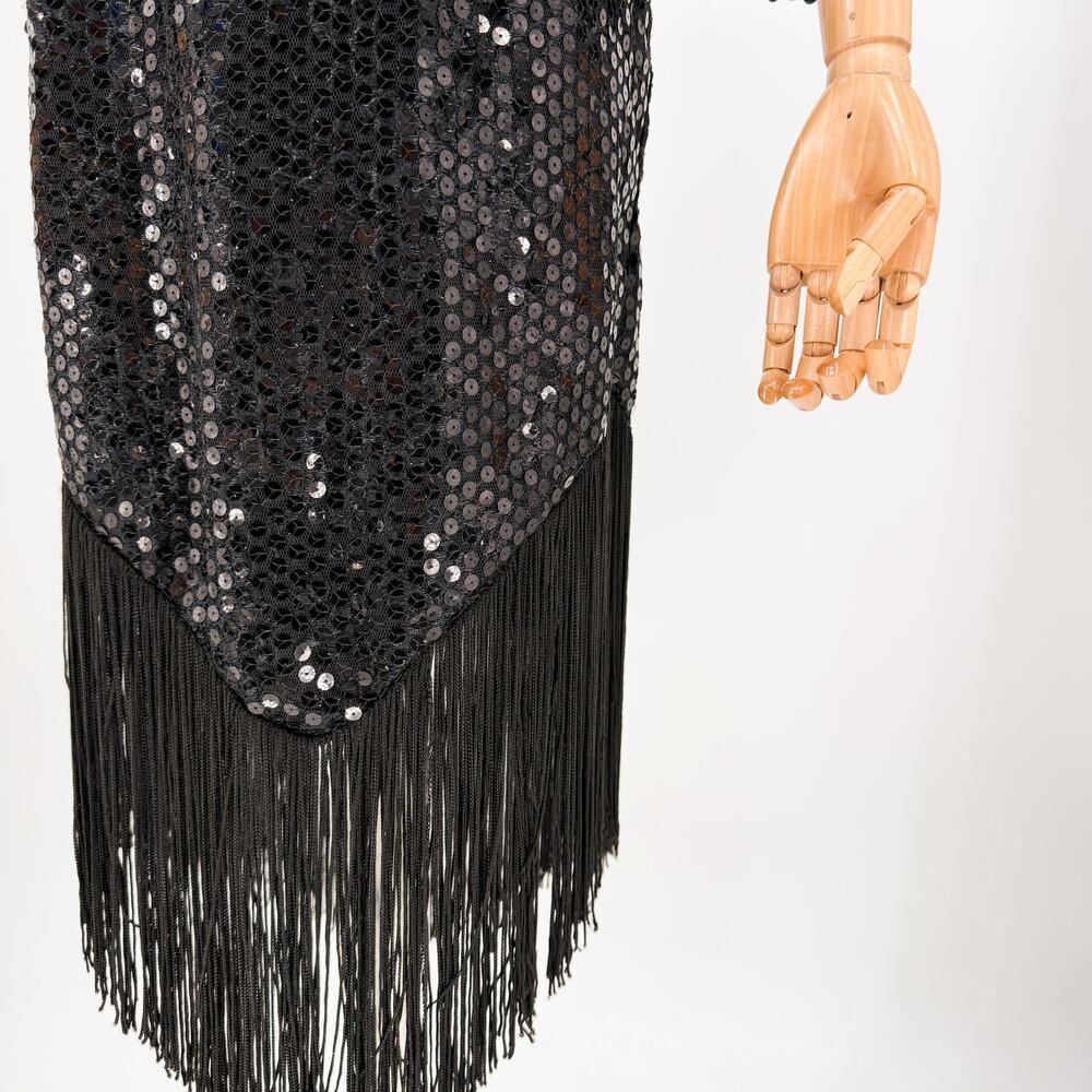 Vintage 80s Dave & Johnny Joseph Lara White Black Sequin Fringe Dress - Picture 4 of 10